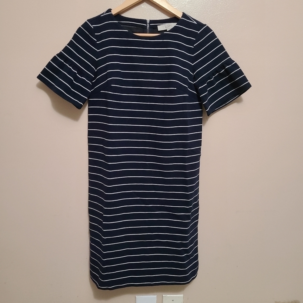 LOFT Navy & White Stripe Bell Sleeve Jacquard Dress